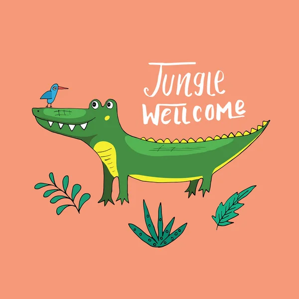 Cute Croccodile Jungle Welcom Lettering Cartoon Animal Baby Children Print — Stockový vektor