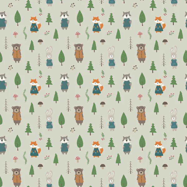 Cute Animals Seamless Pattern Cartoon Animals Forest Background Vector Illustration — Stock vektor