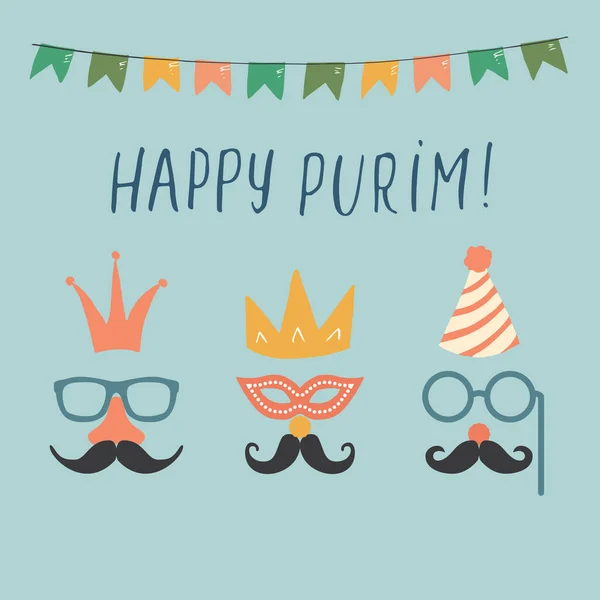 Happy Purim Lettering Jewish Holiday Traditional Elemets Vector Illustration — Stock Vector