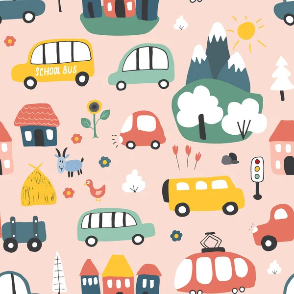 Cute Cars Seamless Pattern Cartoon Transportation Doodles Background Vector Illustration — Archivo Imágenes Vectoriales