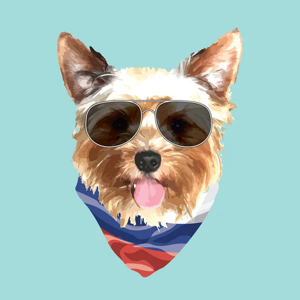 Yorkshire Terrier Portrait Cute Cool Dog Glasses Russia Flag Bandana — Stockový vektor