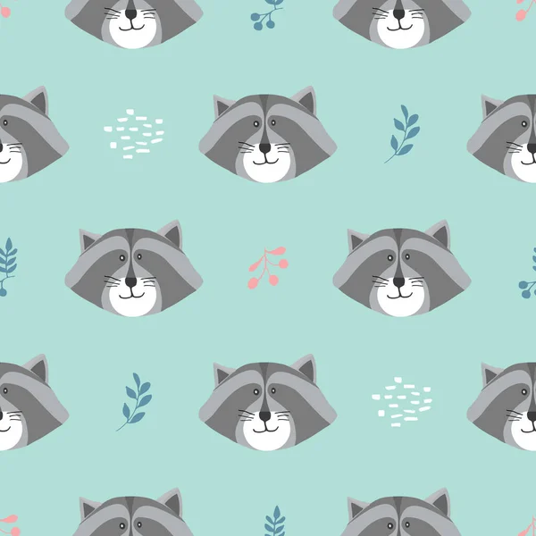 Cute Raccoon Seamless Pattern Cartoon Animals Forest Background Vector Illustration — Vettoriale Stock