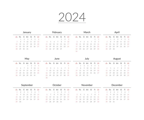 2024 Year Calendar Template Vector Illustration — Stockvector