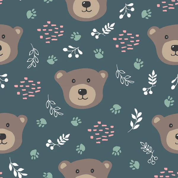 Cute Bear Seamless Pattern Cartoon Animals Forest Background Vector Illustration — Stok Vektör