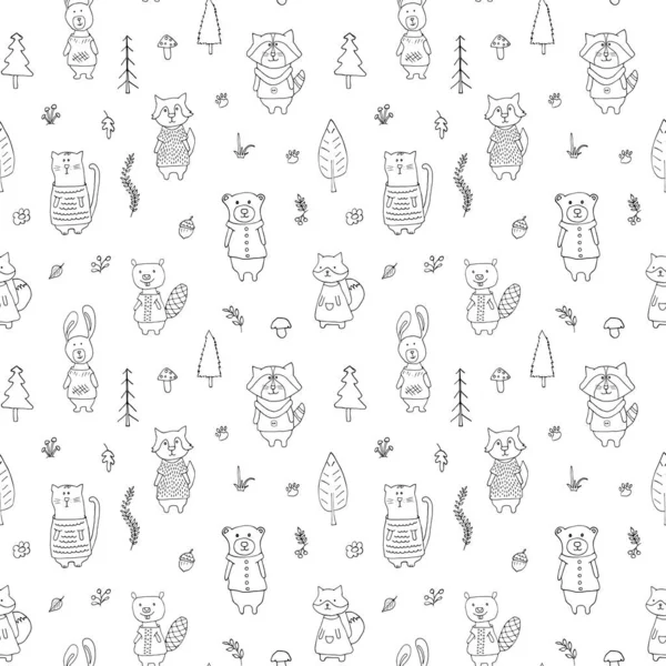 Cute Animals Seamless Pattern Cartoon Animals Forest Background Vector Illustration — Stok Vektör
