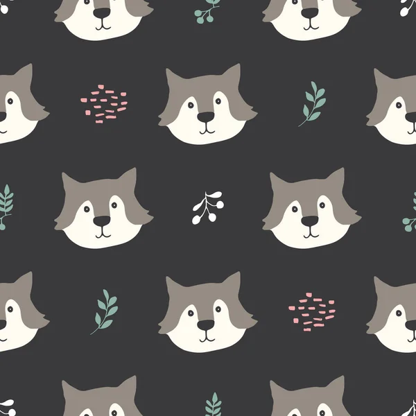 Cute Wolf Seamless Pattern Cartoon Animals Forest Background Vector Illustration — Image vectorielle