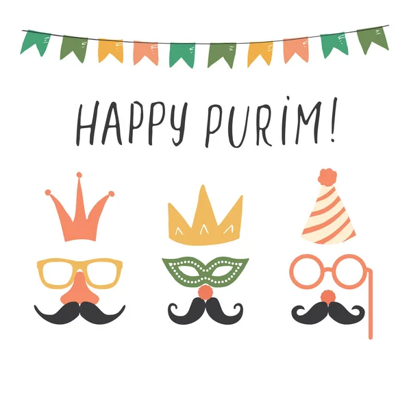 Happy Purim Lettering Jewish Holiday Traditional Elemets Vector Illustration — Stock Vector