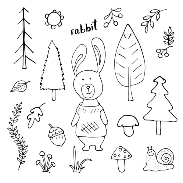 Cute Rabbit Forest Cartoon Animal Woodland Trees Plants Vector Illustration — Stockvektor