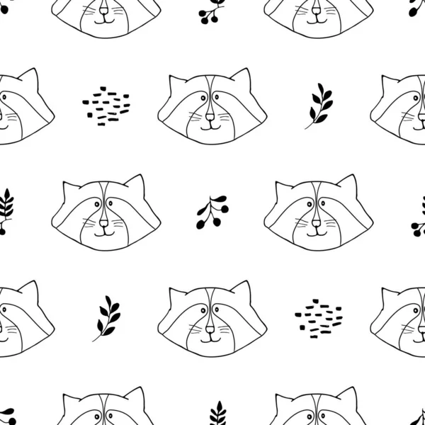かわいいラクーンシームレスなパターン 森の中の漫画動物 ベクターイラスト — ストックベクタ