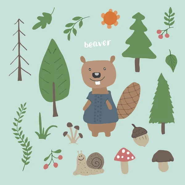 Cute Beaver Forest Cartoon Animal Woodland Trees Plants Vector Illustration — Vetor de Stock