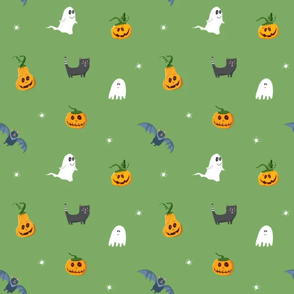 Halloween Seamless Pattern Design Cute Cartoon Elements Holiday Background Vector — Vettoriale Stock
