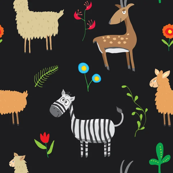 Cute Animals Seamless Pattern Cartoon Animals Plants Doodles Cartoon Vector — Stock Vector
