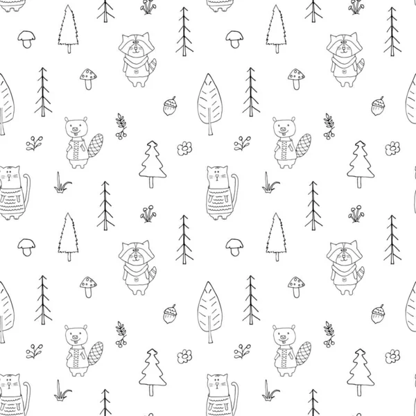 Cute Animals Seamless Pattern Cartoon Animals Forest Background Vector Illustration — Image vectorielle