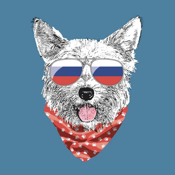 Yorkshire Terrier Portrait Cute Cool Dog Russia Flag Glasses Bandana — Stockvektor