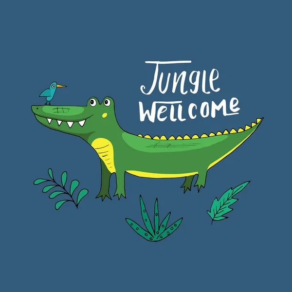 Cute Croccodile Jungle Welcom Lettering Cartoon Animal Baby Children Print — Image vectorielle