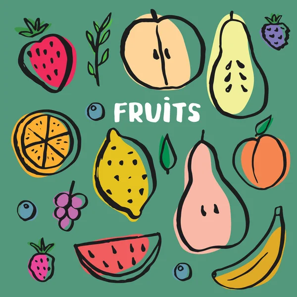 Fruit Set Collection Juicy Fruits Apple Pear Strawberry Orange Slice — Stock Vector