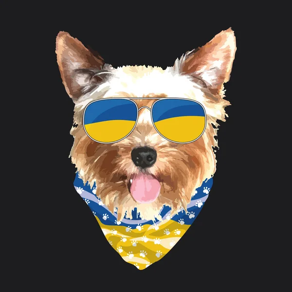 Yorkshire Terrier Portrait Cute Cool Dog Ukraine Flag Glasses Bandana — Stockvektor