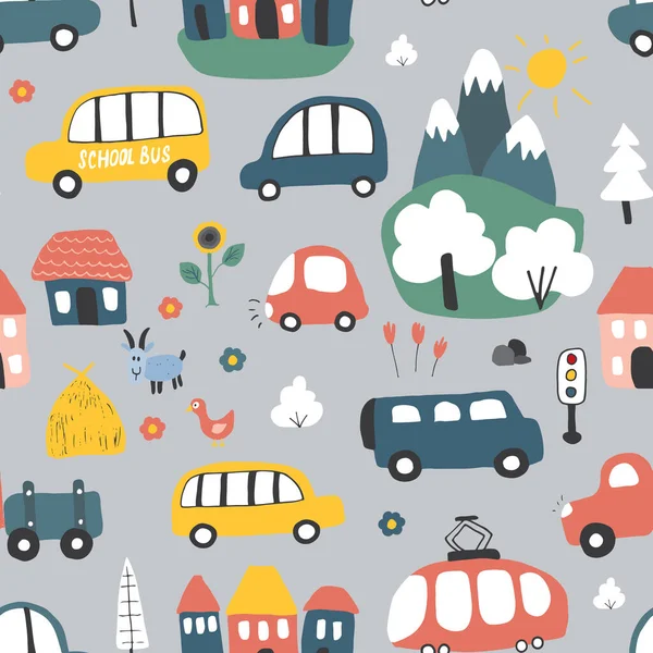 Cute Cars Seamless Pattern Cartoon Transportation Doodles Background Vector Illustration — Image vectorielle