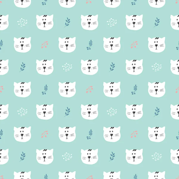 Cute Cat Seamless Pattern Cartoon Animals Forest Background Vector Illustration — Vettoriale Stock