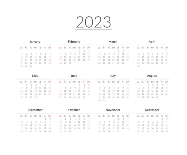 2023 Year Calendar Template Vector Illustration — Διανυσματικό Αρχείο