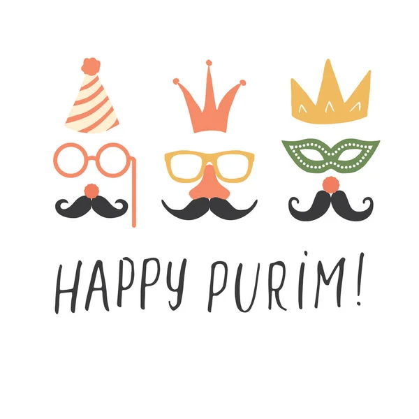 Happy Purim Lettering Jewish Holiday Traditional Elemets Vector Illustration — Stockvektor