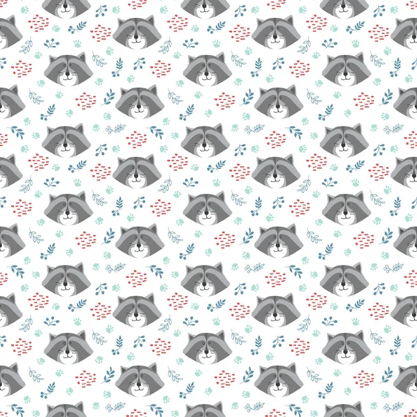 Cute Raccoon Seamless Pattern Cartoon Animals Forest Background Vector Illustration — Stockvektor