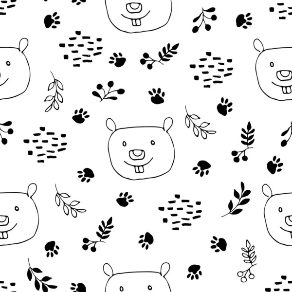 Cute Beaver Seamless Pattern Cartoon Animals Forest Background Vector Illustration — Stok Vektör