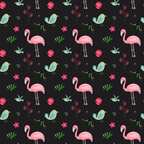 Cute Flamingo Tropical Plants Seamless Pattern Hand Drawn Animal Exotic — Stockvektor