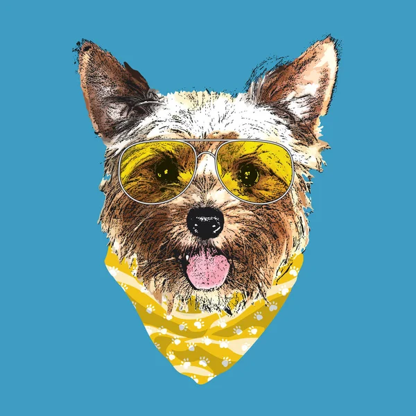 Yorkshire Terrier Portrait Cute Cool Dog Glasses Bandana Vector Illustration — Stockvektor