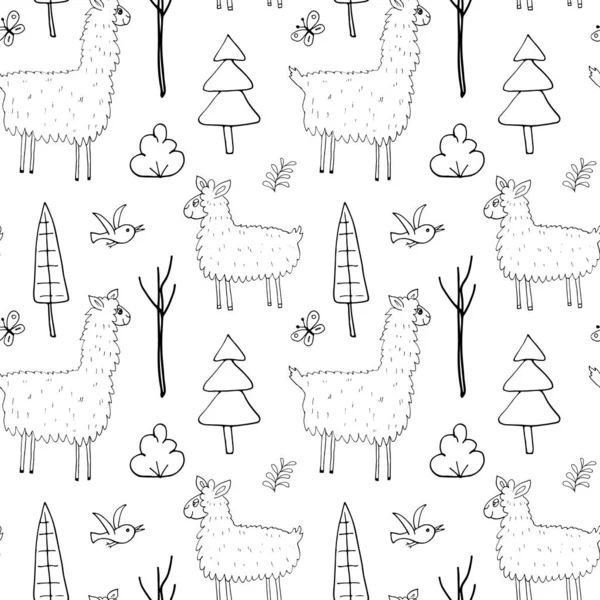 Cute Lama Seamless Pattern Cartoon Animals Forest Background Vector Illustration — Stock Vector