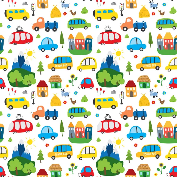 Cute Cars Seamless Pattern Cartoon Transportation Doodles Background Vector Illustration — Stok Vektör
