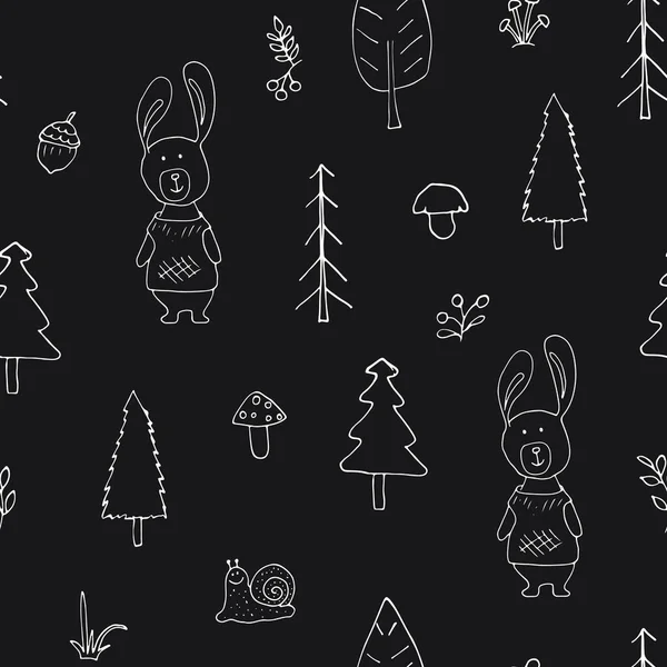Cute Rabbit Seamless Pattern Cartoon Animals Forest Background Vector Illustration — Vector de stock