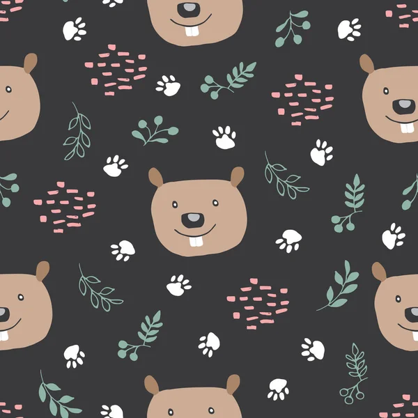 Cute Beaver Seamless Pattern Cartoon Animals Forest Background Vector Illustration — Stok Vektör