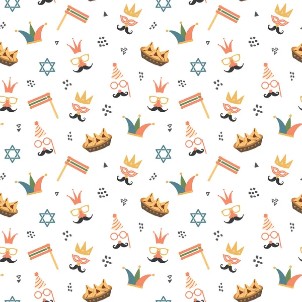 Purim Seamless Pattern Traditional Jewish Holiday Background Vector Illustration - Stok Vektor