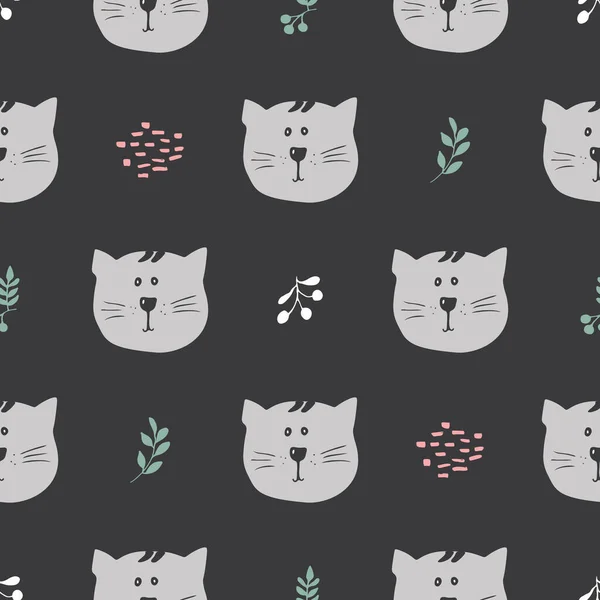 Cute Cat Seamless Pattern Cartoon Animals Forest Background Vector Illustration — Stok Vektör