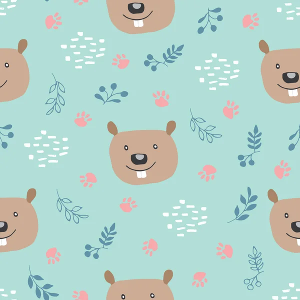 Cute Beaver Seamless Pattern Cartoon Animals Forest Background Vector Illustration — Image vectorielle