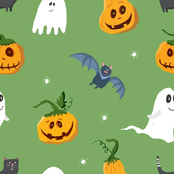 Halloween Seamless Pattern Design Cute Cartoon Elements Holiday Background Vector — 스톡 벡터