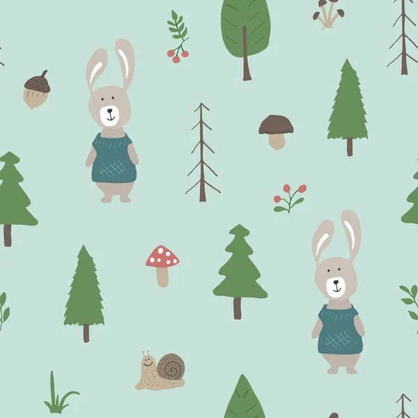 Cute Rabbit Seamless Pattern Cartoon Animals Forest Background Vector Illustration — Stok Vektör