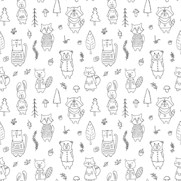 Cute Animals Seamless Pattern Cartoon Animals Forest Background Vector Illustration — Vector de stock