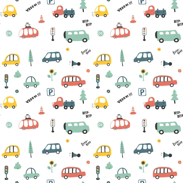 Cute Cars Seamless Pattern Cartoon Transportation Doodles Background Vector Illustration Gráficos vectoriales