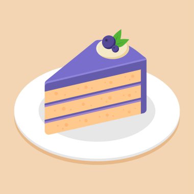 Bir dilim yaban mersinli kek, tepside yaban mersini ya da tabakta. Lezzetli tatlı konsepti. Isome yemek ikonu. Şirin çizgi film vektör illüstrasyon grafik elementi. Tatlıların sembolü. Kafe menüsü.