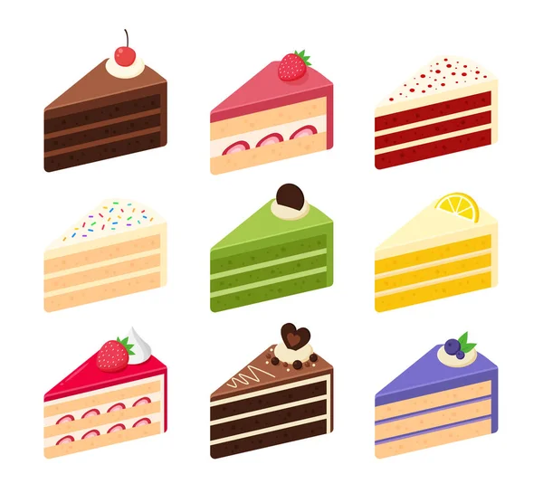 케이크 슬라이스 컬렉션이야 초콜릿 바닐라 마카나 블루베리 케이크 사탕의 아이콘이지 — 스톡 벡터