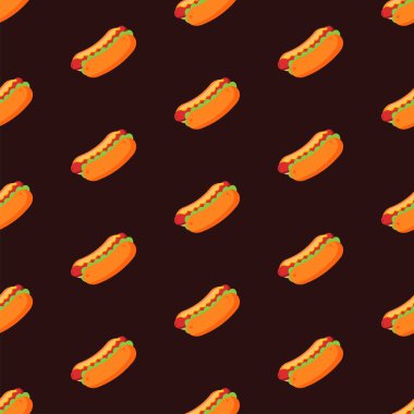 Lezzetli sosisli sandviç kalıpları. Fast food ikonu geçmişi. Restoran menüsü konsepti duvar kağıdı. Sevimli çizgi film mutfak vektör çizimi arkaplanı. Amerikan yemeği. Grafik tasarım ögesi.