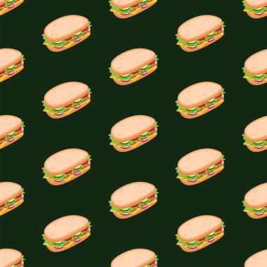 Lezzetli sandviçler. Fast food ikonu geçmişi. Restoran menüsü konsepti duvar kağıdı. Sevimli çizgi film mutfak vektör çizimi arkaplanı. Kahvaltı ya da piknik yemeği. Grafik tasarım ögesi.