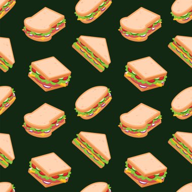 Lezzetli sandviçler. Fast food ikonu geçmişi. Restoran menüsü konsepti duvar kağıdı. Sevimli çizgi film mutfak vektör çizimi arkaplanı. Kahvaltı ya da piknik yemeği. Grafik tasarım ögesi.