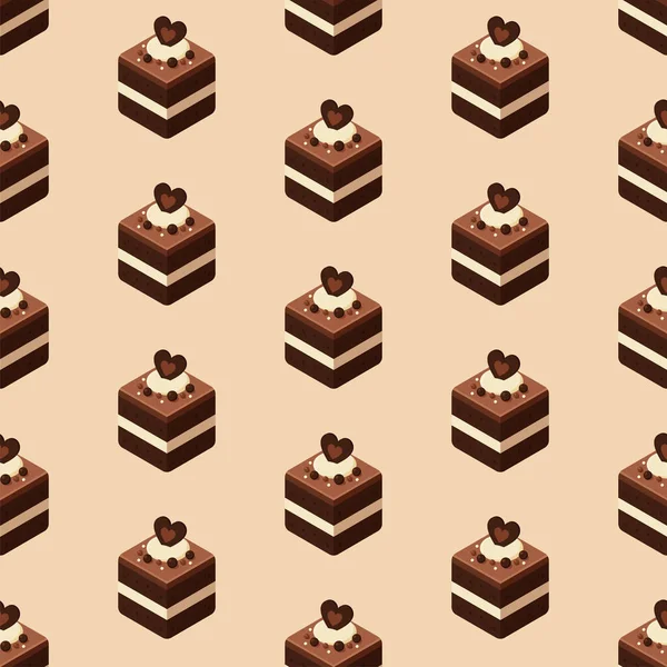 Isometrisches Stück Schokoladenkuchen Nahtloses Muster Süßes Essen Ikone Hintergrund Cafe — Stockvektor