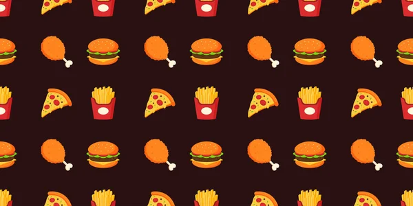 Fast Food Naadloos Patroon Hamburger Gebakken Kip Drumstick Pizza Frietjes — Stockvector