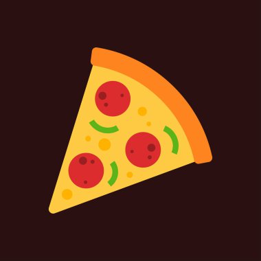 Pepperoni ya da erimiş peynirli salamlı pizza dilimi. Fast food konsepti. Abur cubur ya da sağlıksız menü. Tatlı çizgi film yemek ikonu. İtalyan mutfağı. Düz vektör grafik tasarımı izole edilmiş çizim.