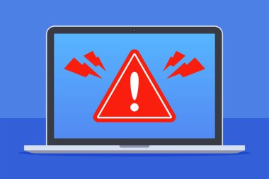 Dizüstü bilgisayar ekranında uyarı simgesi. Tehlike hatası tespit edildi. Virüs, virüs, Truva virüsü ya da hackleme kaynaklı acil durum alarmı. Antivirüs ya da bilgisayar güvenliği konsepti. Düz çizgi film vektör çizimi.