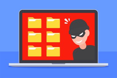 Dizüstü bilgisayar ekranında dosya simgesi olan bir bilgisayar korsanı. Bilgisayar güvenliği, siber suç, veri sızıntısı, bilgi hackleme veya fidye virüsü kavramı. Düz çizgi film vektörü. Teknoloji tehdidi illüstrasyonu.